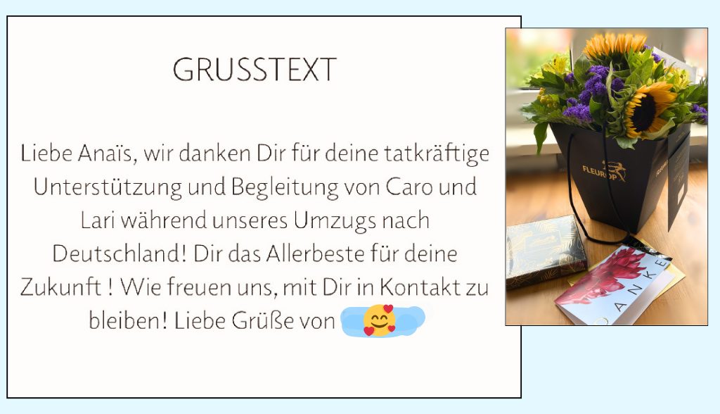 Dankeskarte samt Blumenstrauß und Schokolade